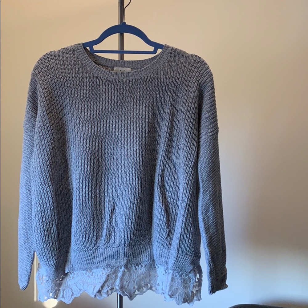 Gray sweater with lace trim